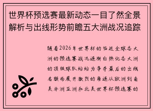 世界杯预选赛最新动态一目了然全景解析与出线形势前瞻五大洲战况追踪