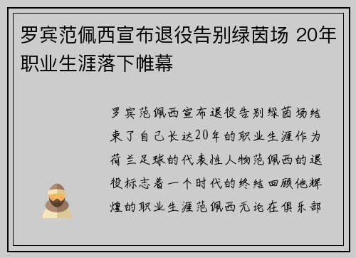 罗宾范佩西宣布退役告别绿茵场 20年职业生涯落下帷幕
