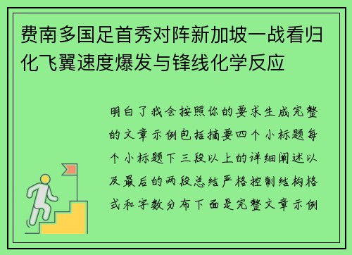费南多国足首秀对阵新加坡一战看归化飞翼速度爆发与锋线化学反应